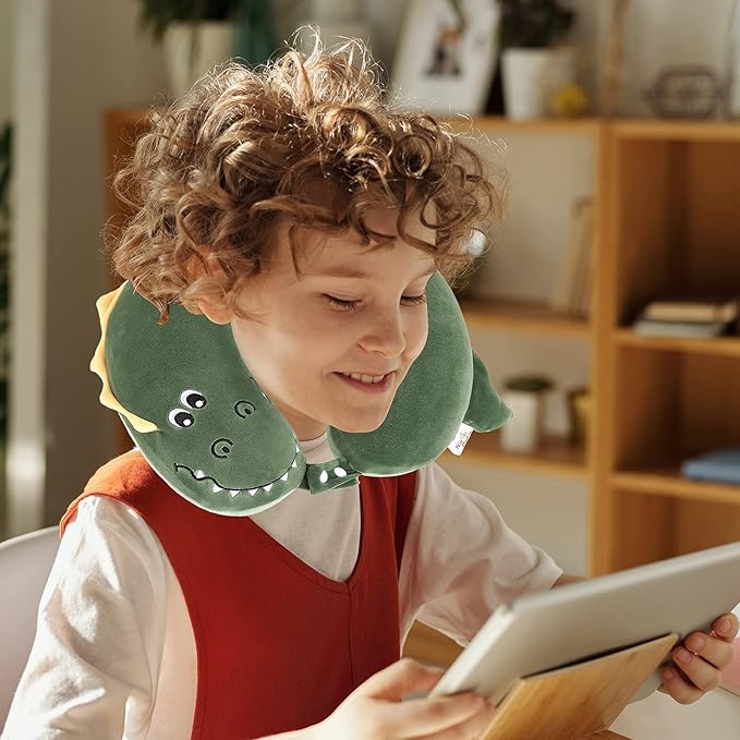 Niuniu Daddy Crocodile Kids Neck Pillow for Traveling, 100% Memory Foam Travel Pillow, Airplane Travel, Road Trip Essentials for Children Neck Support, Stop Head from Falling Forward to Sleep