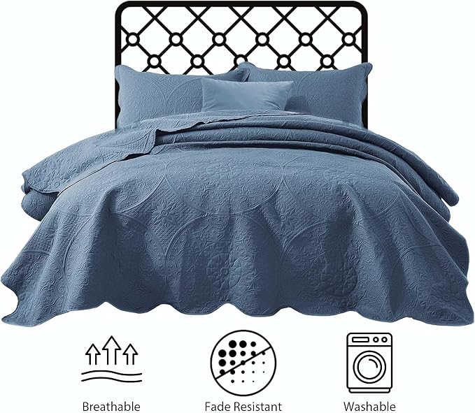 IR Imperial Rooms King Quilt Bedding Set Size (106" x 96") + 2 Pillow Shams (20" x 36"+ 2") - 3 Pcs All Season Lightweight Reversible Microfiber Coverlet Floral Embossed Quilt Bedspread (Light Blue)