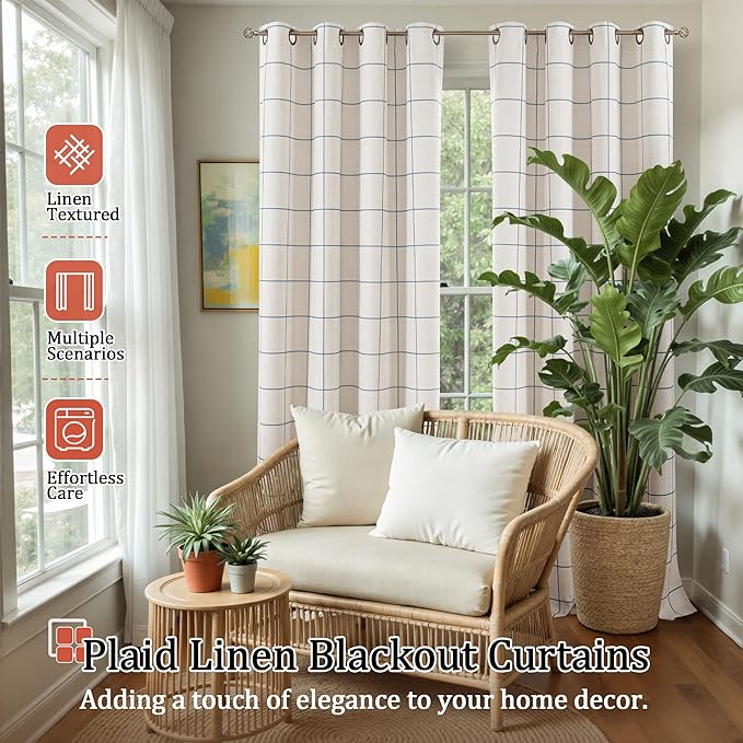 Navy Blue Plaid Patterned Curtains Thermal Insulated - 96 Inches Extra Long Total Linen Blackout Curtains for Living Room, Boho Drapery for Farmhouse Bedroom 52x96 Inch 2 Panels