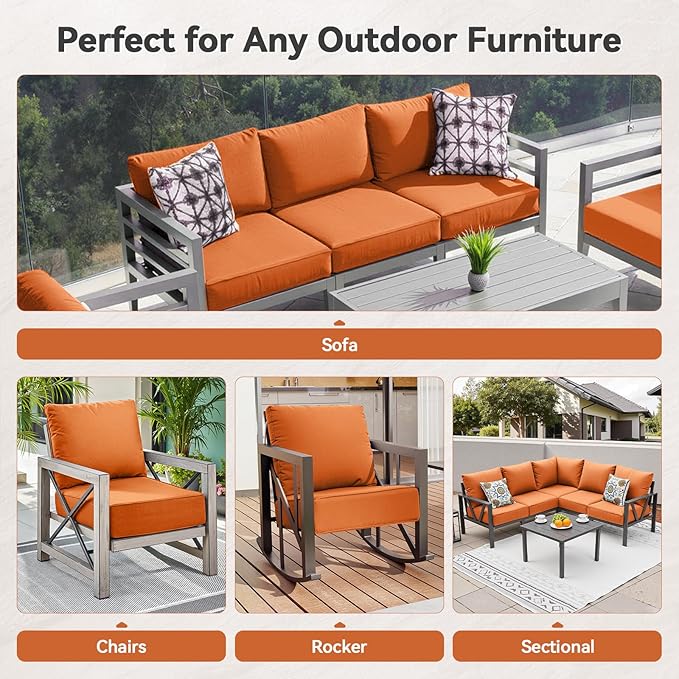 Luxury 6" Outdoor Cushions for Patio Furniture, 24x24x6" Thick Seat Cushion Set of 5, Fade Resistant Couch Chair Replacement Cushions High Density Deep Wicker Chair Cushion w/ Removable Cover, Orange