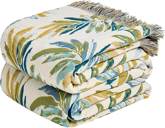 MSGKV Boho Throw Blanket for Bed Cotton 60"x80" Leaves Blanket Twin Size Couch All Seasons Muslin Breathable Lightweight Farmhouse Blankets