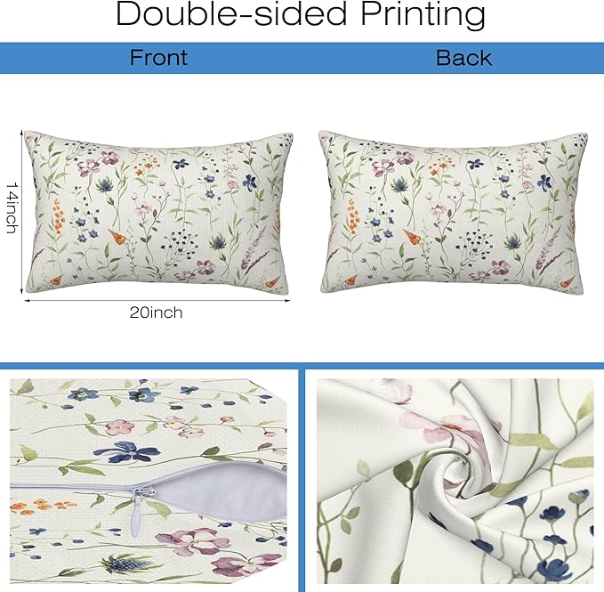 Throw Pillow Covers Spring Summer Floral Pillow Covers 20x12 Inch Set of 2 Watercolor Flowers Throw Pillows Decorative Pillow Cases Cushion Covers for Bedroom Livingroom Sofa Farm House