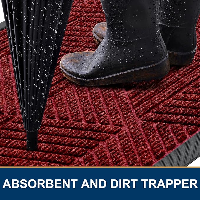 Smiry Front Door Mat Outside Entrance, Heavy Duty Sturdy Natural Rubber Doormat, Trap Dirt and Moisture, Easy Clean Low Profile Mats for Indoor Outdoor Entry, Irregular Triangle (29.5x17, Deep Red)