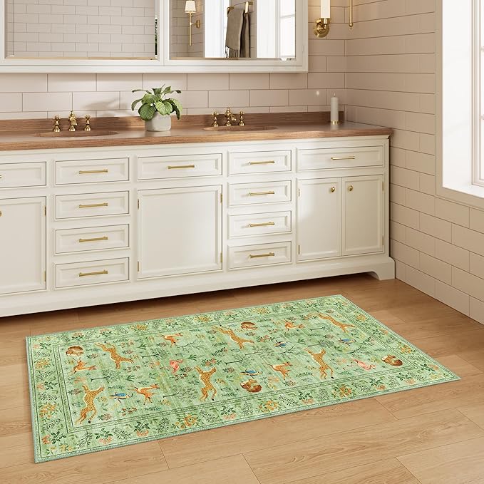 DUKINO 2x5 Rug for Hallway, Washable Kitchen Runner Rug with Non Slip Backing, Soft Low Pile Vintage Animal Runner for Bedroom, Kitchen, Hallway, Entryway, Laundry, Light Green