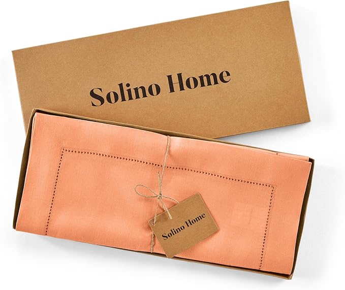 Solino Home Linen Coral Table Runner 144 Inches Long - 100% Pure Linen Extra Long Table Runner 14 x 144 Inch - Classic Hemstitch