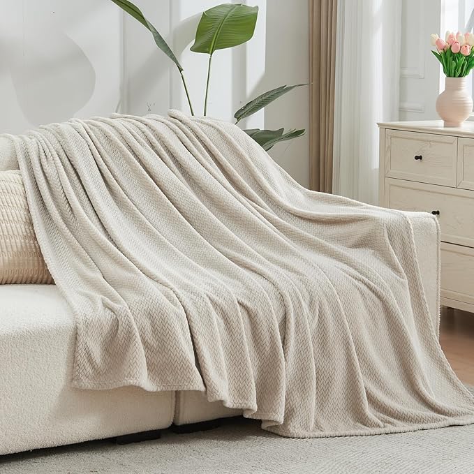 NEWCOSPLAY Super Soft King Blanket Linen Premium Silky Flannel Fleece Leaves Pattern Lightweight Bed Blanket All Season Use (Linen, King(90"x110"))
