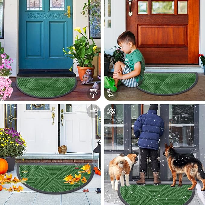 Smiry Half Circle Front Door Mat Outside Entrance, Heavy Duty Sturdy Natural Rubber Doormat, Trap Dirt and Moisture, Low Profile Mats for Indoor Outdoor Entry, Irregular Triangle (29.5x17, Green)