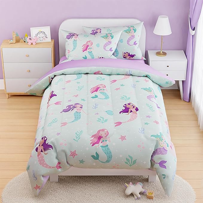 SANDJEST Mermaid Comforter Set Twin Size 68x86in for Kids Girls, Microfiber 3 Pcs Bedding Set Includes 1 Comforter, 1 Pillowcase, 1 Fitted Sheet, Nursery Room Decor