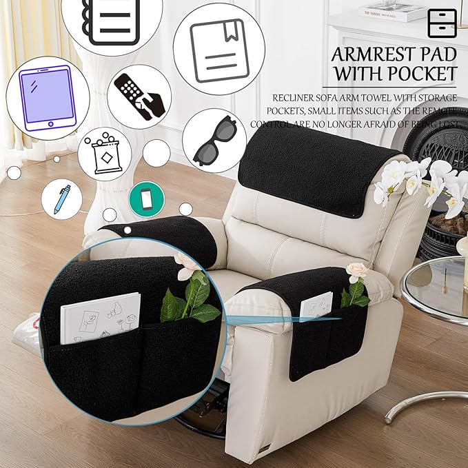 Armrest Cover, Recliner Chair Protector, Furniture Protector Slip, Side Storage Pocket, Stretch Armchair Couch Arm Rest Cover for Recliner, Chair, Sofa (Black,2 Seater(4pcs))