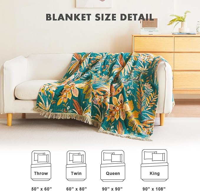 MSGKV Boho Throw Blanket for Couch 100% Cotton Embroidery Blanket 50"x60" Sofa Bed Chair Muslin Breathable All Seasons Lightweight Farmhouse Blankets Home Decor