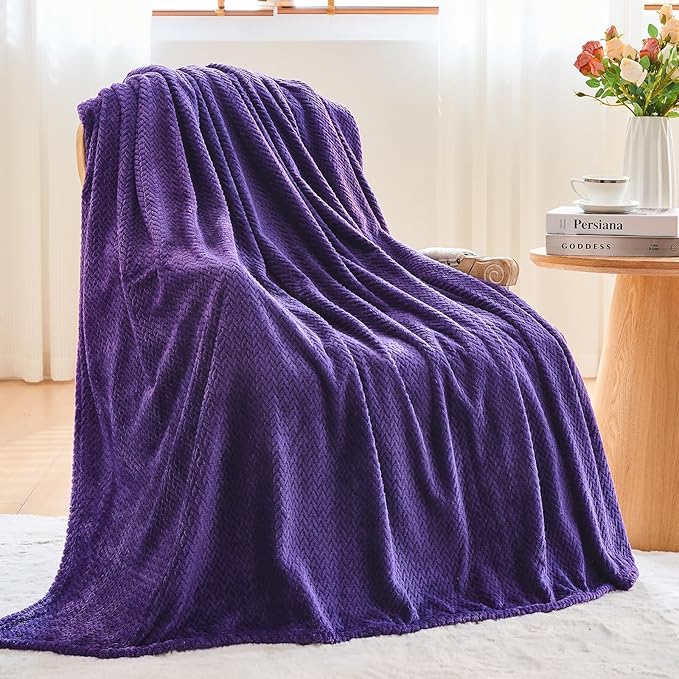 NEWCOSPLAY Super Soft King Blanket Dark Purple Premium Silky Flannel Fleece Leaves Pattern Lightweight Bed Blanket All Season Use (Dark Purple, King(90"x110"))