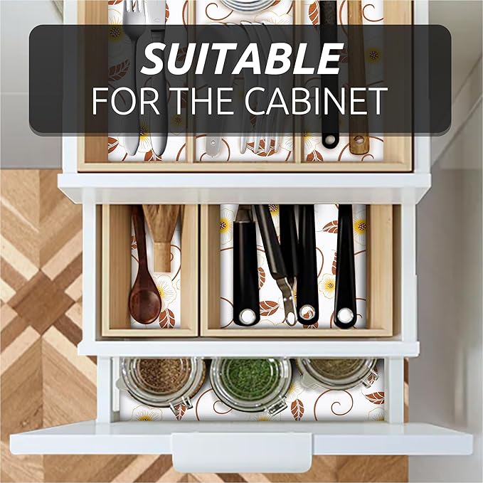 RAY STAR 18X96 Inch Shelf Liner for Kitchen Cabinets, Non-Adhesive Cabinet Liner Washable, PVC Drawer Liner for Dresser Non-Slip Bathroom (Yellow Flower)(5 Roll)