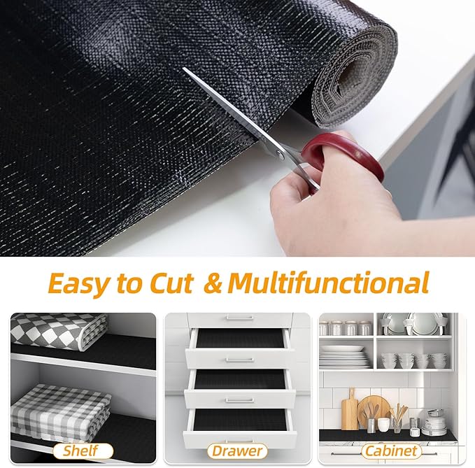 Shelf and Drawer Liner for Kitchen Cabinets Non-Adhesive, Strong Grip Non-Slip Thickened Cabinet Liners for Shelves, Waterproof Mats for Dresser Cupboard, Black, 17 in x 20 Feet