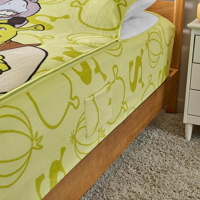 ZippySack Twin Bed Zip-Up Bedding – Super Soft Fleece Fitted Blanket with Side Pocket & Durable Zipper – Easy Bed-Making for Kids (Shrek)