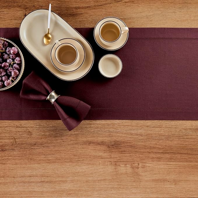 Solino Home Linen Table Runner 60 Inches - 100% Pure Linen Burgundy Hemstitch Table Runner 14 x 60 Inch Ideal for Dresser and Coffee Tables - Christmas, New Year, Winter - Classic Hemstitch