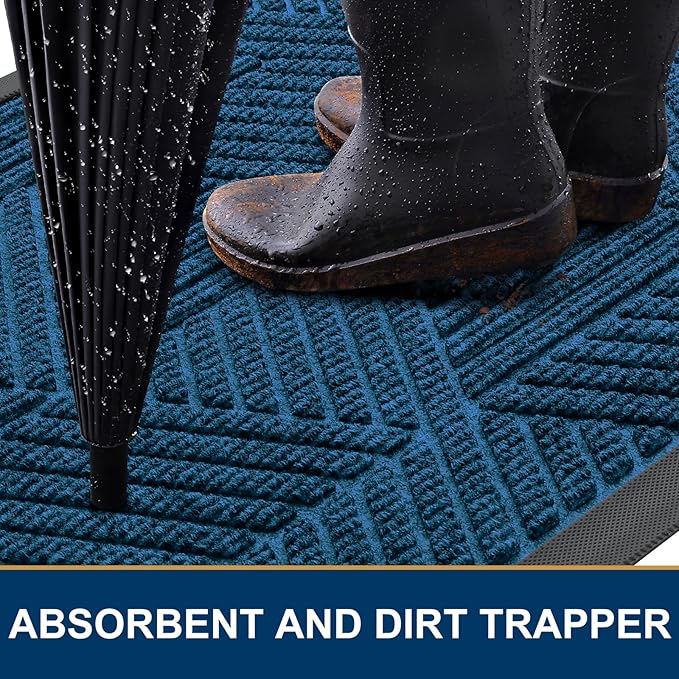 Smiry Front Door Mat Outside Entrance, Heavy Duty Sturdy Natural Rubber Doormat, Trap Dirt and Moisture, Easy Clean Low Profile Mats for Indoor Outdoor Entry, Irregular Triangle (36x24, Mixed Blue)