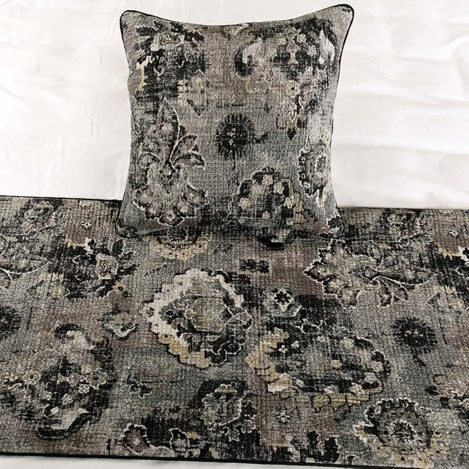The HomeCentric Designer Black & Grey CA King 86 x 18 inch Bed Runner Without Pillow Cover, Velvet Damask with Tassels Bed Scarf, Abstract Modern - Paved Damask