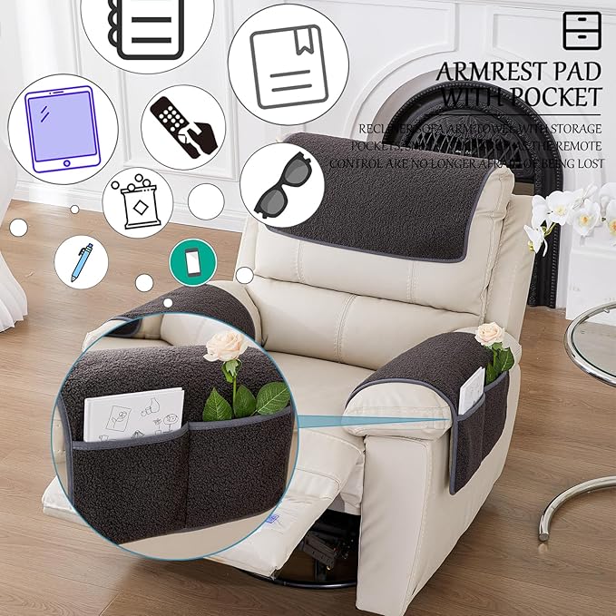 Armrest Cover, Recliner Chair Protector, Furniture Protector Slip, Side Storage Pocket, Stretch Armchair Couch Arm Rest Cover for Recliner, Chair, Sofa (Dark Gray,1 Seater(3pcs))
