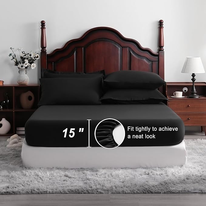 NTBAY Queen Comforter Set with Sheets, 7 Pieces Soft and Breathable Queen Bedding Set, Bed in a Bag, Down Alternative Comforter Set Solid Color All Season, Queen Bedding Set, Black