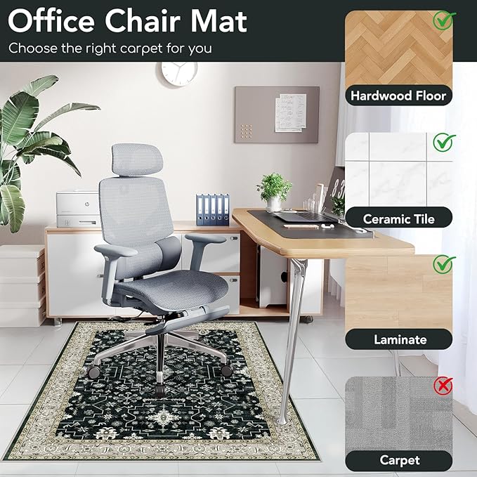 Office Chair Mat for Hardwood Floor&Tile Floor,36"x48" Heavy Duty Desk Chair Mat for Hard Floors,Under Desk Rug for Rolling Computer Chair,Anti Slip,Low Pile Carpet Floor-Frame Black White