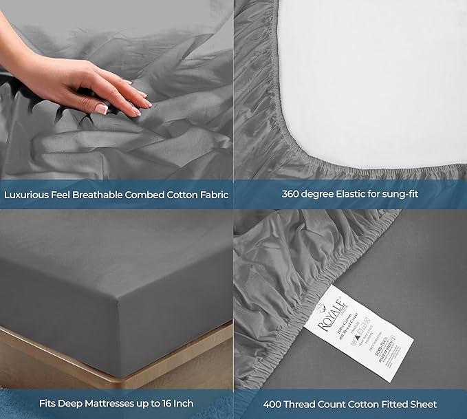 Royale Linens 400 Thread Count 100% American Grown Cotton Fitted Sheet Twin Size - All Around Elastic Fitted Sheet - Luxury Sateen Weave - Snug Fit Bottom Sheets Fit Up to 16" (Twin,Spanish Slate)