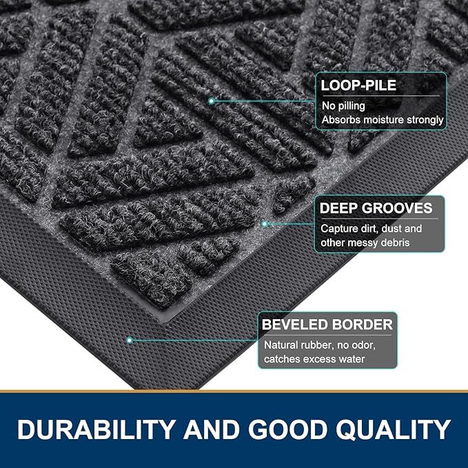Smiry Front Door Mat Outside Entrance, Heavy Duty Sturdy Natural Rubber Doormat, Trap Dirt and Moisture, Easy Clean Low Profile Mats for Indoor Outdoor Entry, Grid Geometric (71x24, Grey)
