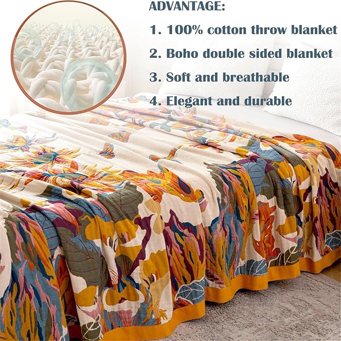 MSGKV Boho Throw Blanket for Couch 100% Cotton Throw Floral Bed Blanket 80''x90'',Cotton Quilts Travel Knitted Muslin Blanket Home Decor Cozy Blankets for Women
