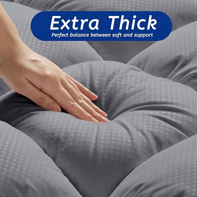 Full Size Mattress Topper for Back Pain, Cooling Extra Thick Mattress Pad Cover with 8-21 inch Deep Pocket, Plush Pillow Top Mattress Topper Overfilled with Down Alternative, Full Size, Dark Grey