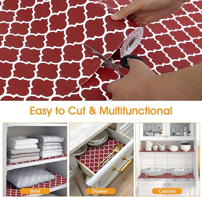 Shelf and Drawer Liner for Kitchen Cabinets Non-Adhesive, Strong Grip Non-Slip Thickened Cabinet Liners for Shelves, Waterproof Mats for Dresser Cupboard, Red/White, 23 in x 20 Feet