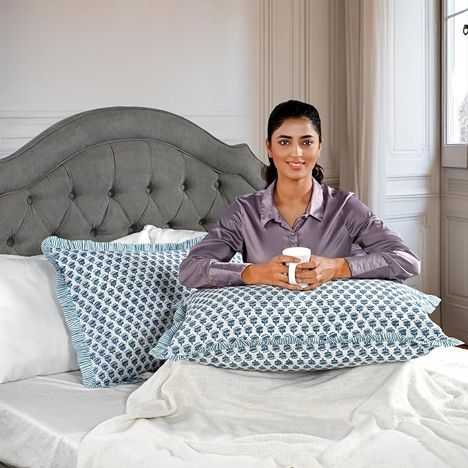 CPC Apatite Blue 100% Cotton Block Print Ruffle Sham Cover 20X30 inch Pack of 2, Handmade Boho Floral Pillowcase, Soft Decorative Lumar Cushion Cover for Bedroom Décor