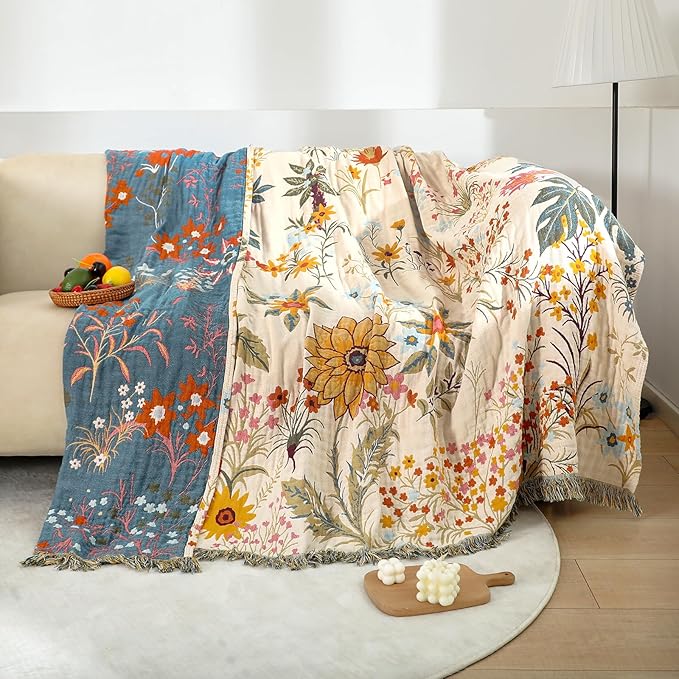 MSGKV Boho Throw Blanket for Couch Chair 100% Cotton Floral Blanket 50"x60" Sofa Blankets Lightweight Farmhouse Muslin Breathable Bed Blankets Home Decor All Seasons