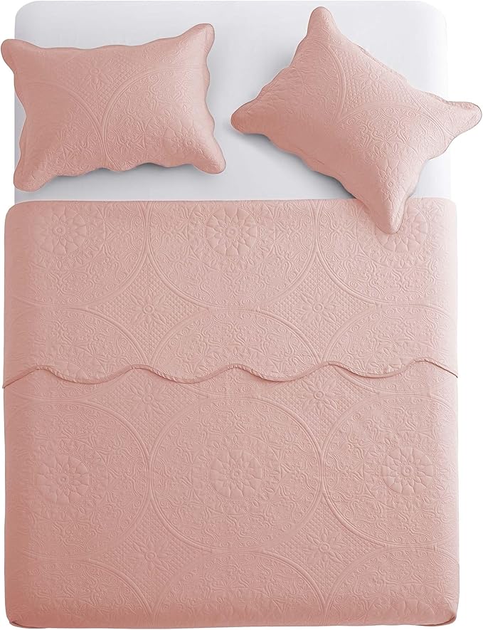 IR Imperial Rooms Twin Quilt Bedding Set Size (68" x 86") + 1 Pillow Shams (20" x 26"+ 2") - 2 Pcs All Season Lightweight Reversible Microfiber Coverlet Floral Embossed Quilt Bedspread (Baby Pink)