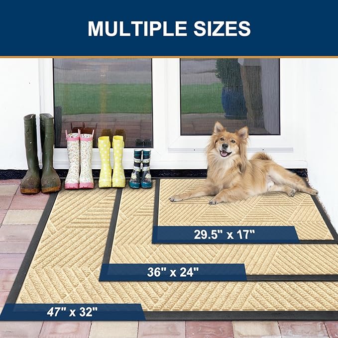 Smiry Front Door Mat Outside Entrance, Heavy Duty Sturdy Natural Rubber Doormat, Trap Dirt and Moisture, Easy Clean Low Profile Mats for Indoor Outdoor Entry, Irregular Triangle (59x35, Beige)