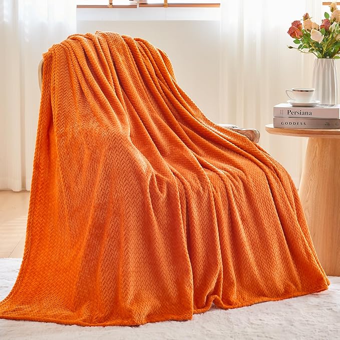 NEWCOSPLAY Super Soft Throw Blanket Orange Premium Silky Flannel Fleece Leaves Pattern Lightweight Bed Blanket All Season Use (Orange, Throw(50"x60"))