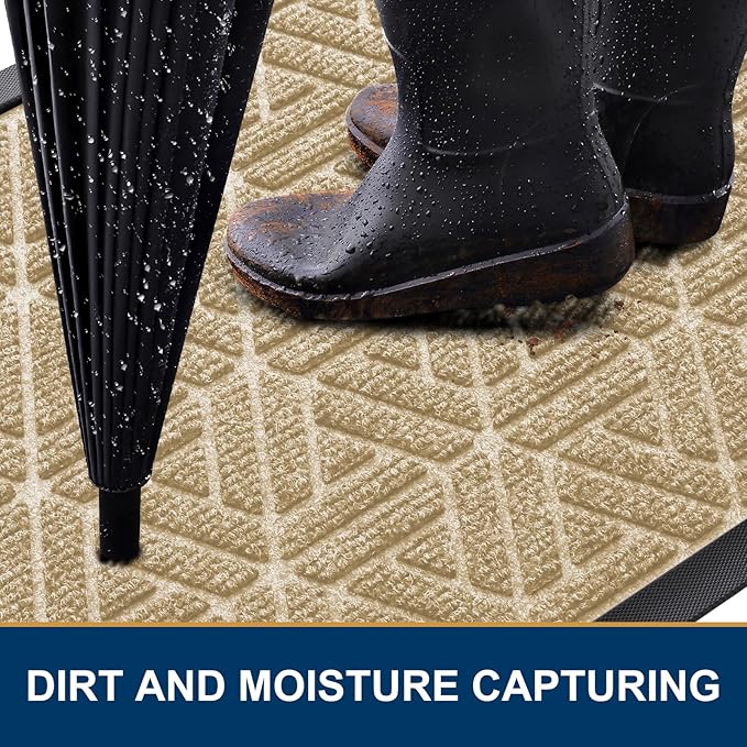 Smiry Front Door Mat Outside Entrance, Heavy Duty Sturdy Natural Rubber Doormat, Trap Dirt and Moisture, Easy Clean Low Profile Mats for Indoor Outdoor Entry, Grid Geometric (71x24, Beige)