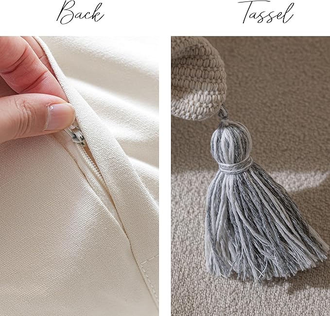 BlissBlush Gray Decorative Throw Pillow Cover 18X18 Combo Set of 2 Square Boho Neutral Grey Accent Pillowcase Tassels Farmhouse Cushion for Couch Sofa Bedroom Living Room Home Décor Cover ONLY