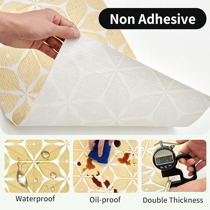 Shelf Liners for Kitchen Cabinets 17in x 30FT, Non Adhesive Cabinet Liner Strong Non-Slip Golden Leaf Drawer Liner, Easy to Clean for Shelf, Cabinet with Knife and Tape Measure