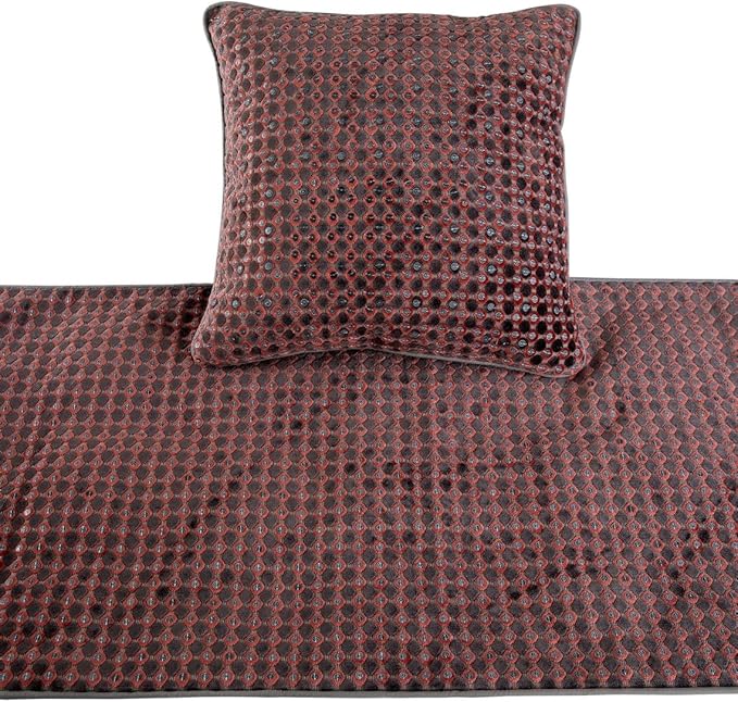 The HomeCentric Grey Bed Runner Without Pillow Cover, Twin Size 53"x18" Decorative Bed Runner, Peach & Grey Velvet Bed Scarf in Sequins Embroidery - Ditto Dots