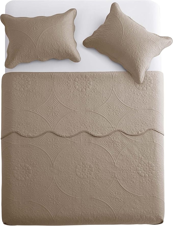 IR Imperial Rooms King Quilt Bedding Set Size (106" x 96") + 2 Pillow Shams (20" x 36"+ 2") - 3 Pcs All Season Lightweight Reversible Microfiber Coverlet Floral Embossed Quilt Bedspread (Beige)