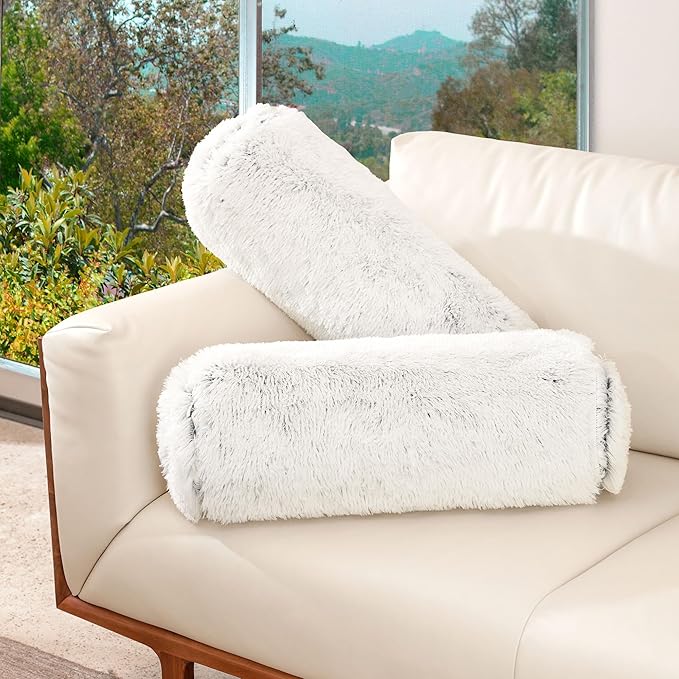 Cheer Collection Bolster Pillow. Set of 2 Shaggy Bolster Pillows, Decorative Cylinder Pillows for Bed & Couch, Round Neck Roll Pillow, Plush Tube Pillow for Lumbar, Head, Spine Support, Blue