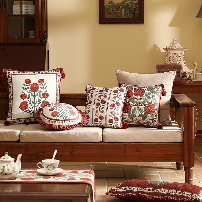 Rectangle Throw Pillow Covers,Red Cozy Velvet with Leaves and Floral Pattern Pillowcases,Decoration Long Lumbar Pillows Cushion Covers for Living Room Couch Sofa Bed Car Chair,12"x28"