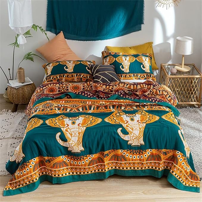 100% Cotton Boho Throw Blanket 80''x90'' Muslin Throw for Bed Couch,Travel Mexican Picnic Blankets Super Soft Reversible Blanket Muslin Quilts