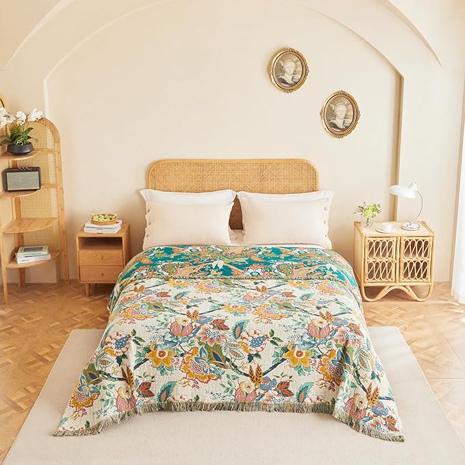 MSGKV Boho Throw Blanket for Couch 50"x60" 100% Cotton Vine Embroidery Blanket Bed Chair Sofa Blankets Muslin Breathable All Seasons Lightweight Farmhouse Blankets Home Decor