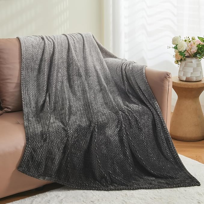 NEWCOSPLAY Super Soft Throw Blanket Ombre Dark Grey Premium Silky Flannel Fleece Leaves Pattern Lightweight Bed Blanket All Season Use (Ombre Dark Grey, Throw(50"x60"))