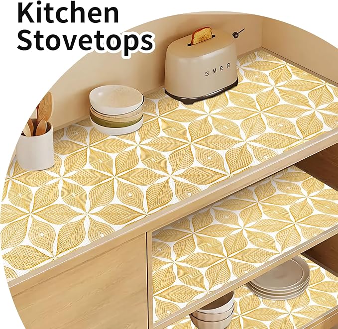 Shelf Liners for Kitchen Cabinets 12in x 20FT, Non Adhesive Cabinet Liner Strong Non-Slip Golden Leaf Drawer Liner, Easy to Clean for Shelf, Cabinet with Knife and Tape Measure