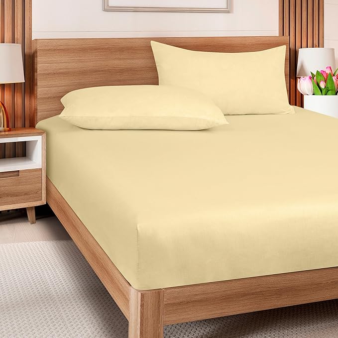 ROYALE LINENS 300 Thread Count 100% Long Staple Combed Cotton Fitted Sheet Queen - Super Soft Deep Pocket Bottom Sheet - Fitted Sheets Only - Elastic Sheets (Queen, Light Yellow)