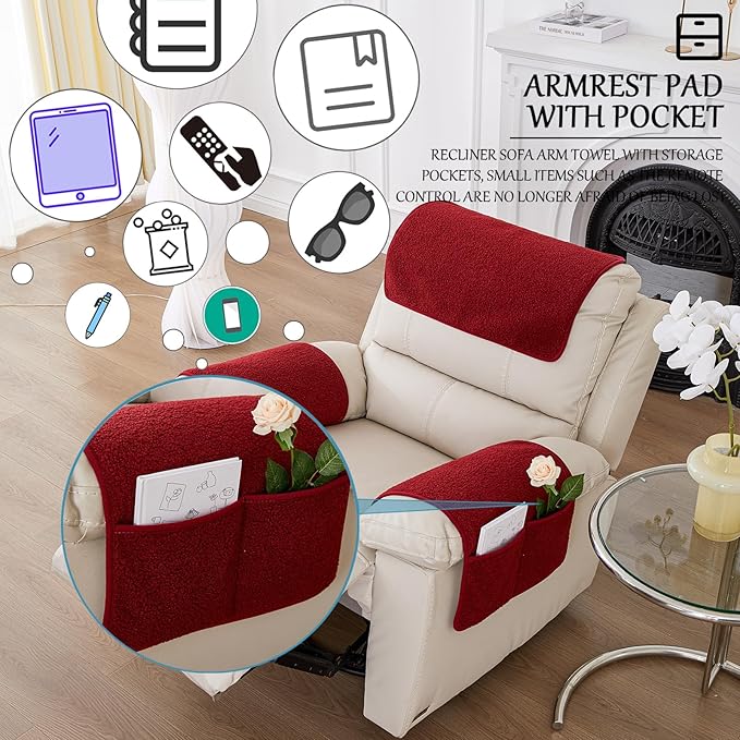 Armrest Cover, Recliner Chair Protector, Furniture Protector Slip, Side Storage Pocket, Stretch Armchair Couch Arm Rest Cover for Recliner, Chair, Sofa (Wine Red,3 Seater(5pcs))