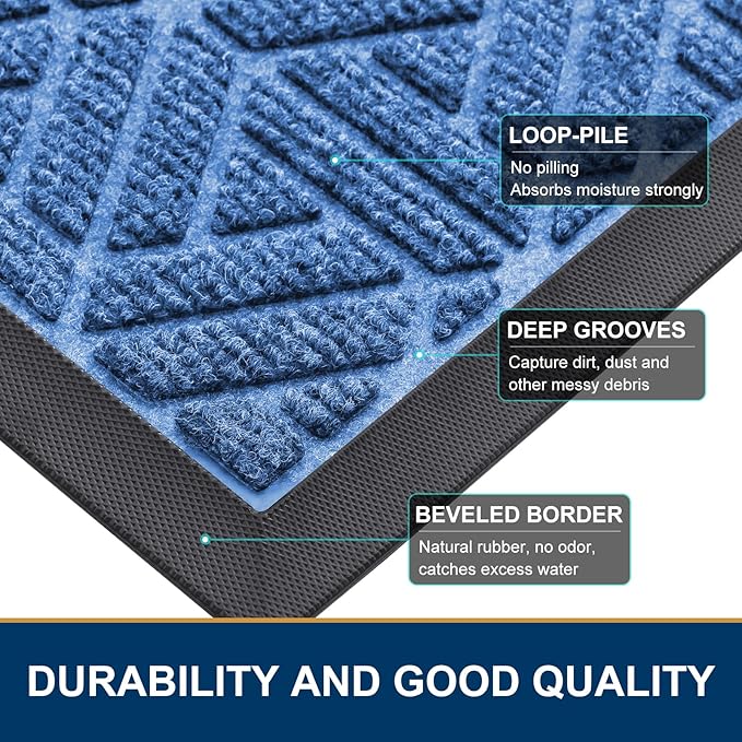 Smiry Front Door Mat Outside Entrance, Heavy Duty Sturdy Natural Rubber Doormat, Trap Dirt and Moisture, Easy Clean Low Profile Mats for Indoor Outdoor Entry, Grid Geometric (36x24, Blue)