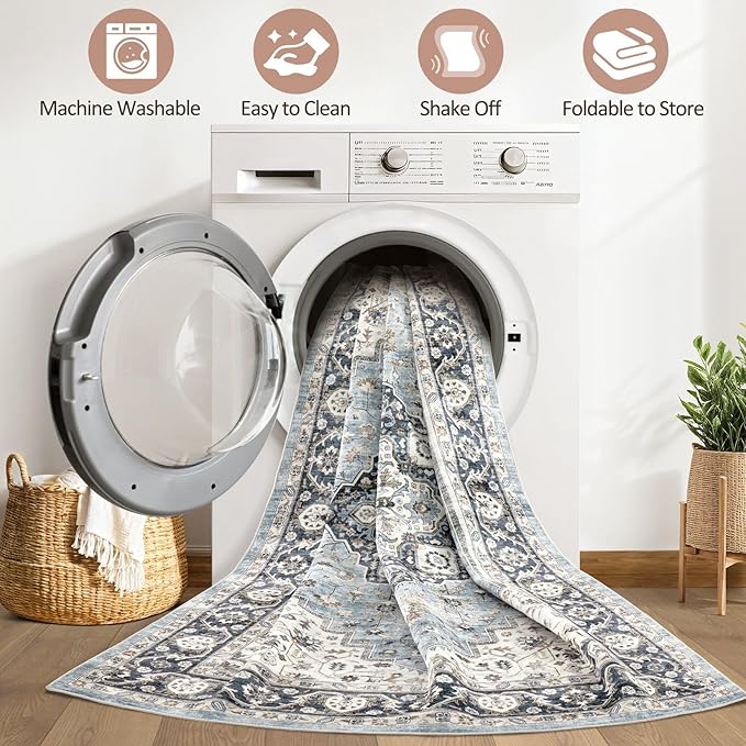 10x12 Area Rug Living Room: Washable Boho Large Neutral Vintage Soft Rugs Stain Resistant Farmhouse Non-Slip Indoor Floor Carpet for Bedroom Nursery Kids Playroom Office Dining Room- Tan Blue