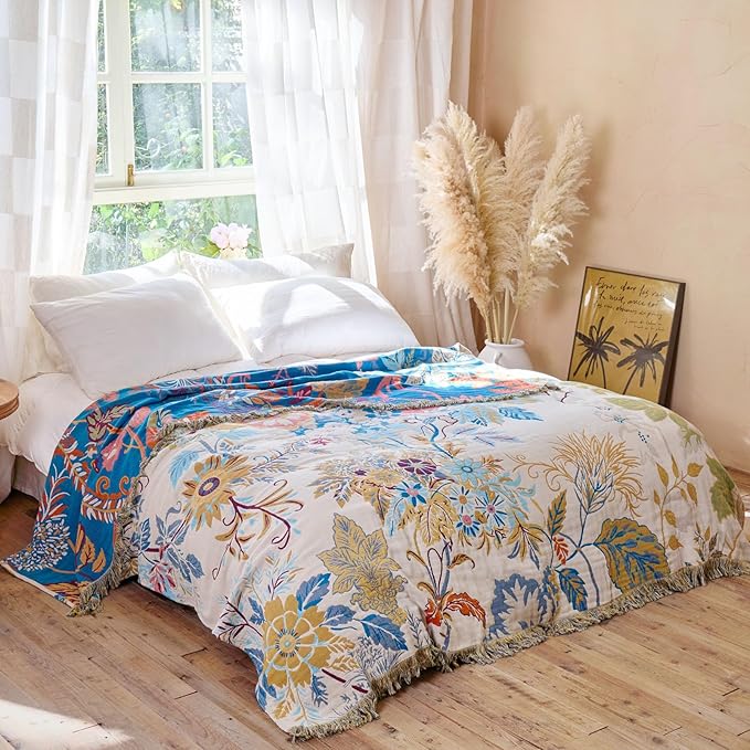 MSGKV Boho Throw Blanket for Bed Cotton 60"x80" Floral Blanket Twin Size Couch All Seasons Muslin Breathable Lightweight Farmhouse Blankets